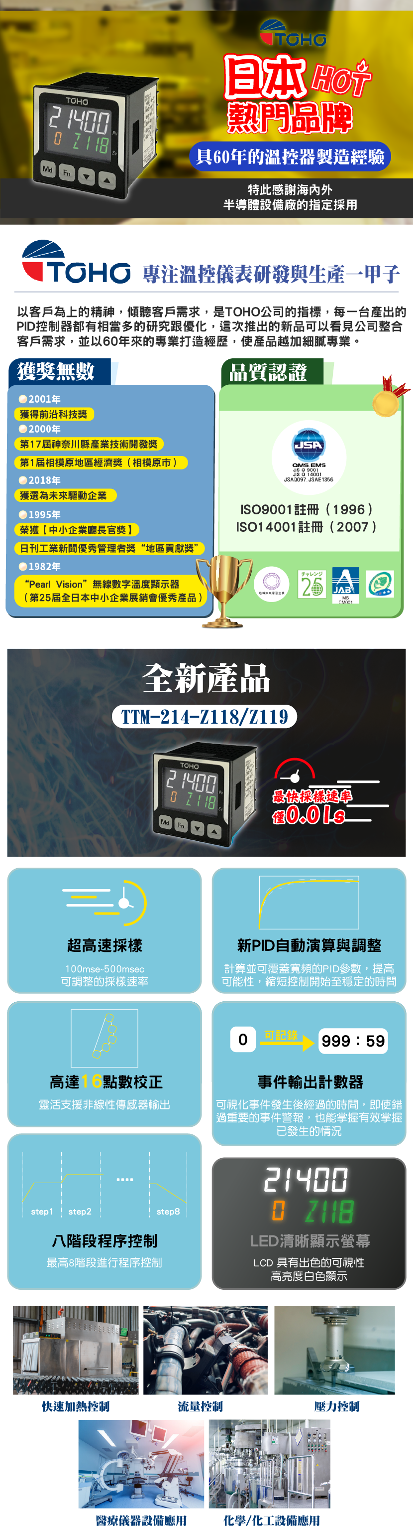 TTM-214-Z118 日本熱門溫控器老牌 超高速採樣 新PID自動演算與調整 高達16點數校正 事件輸出計數器 八階段程序控制 LED清晰顯示